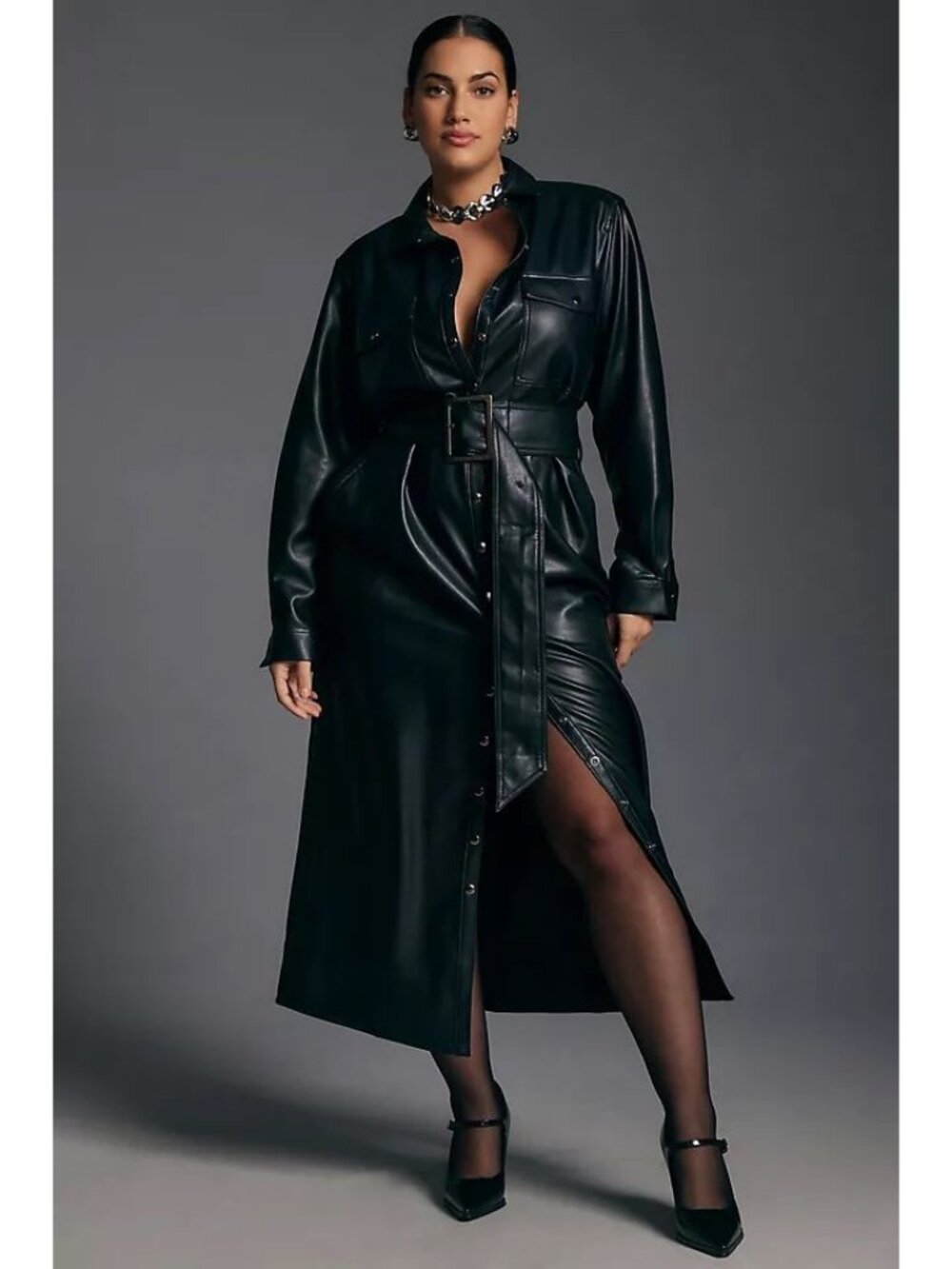Anthropologie NWT Pilcro Long-Sleeve Faux Leather Belted Midi Dress size 2X